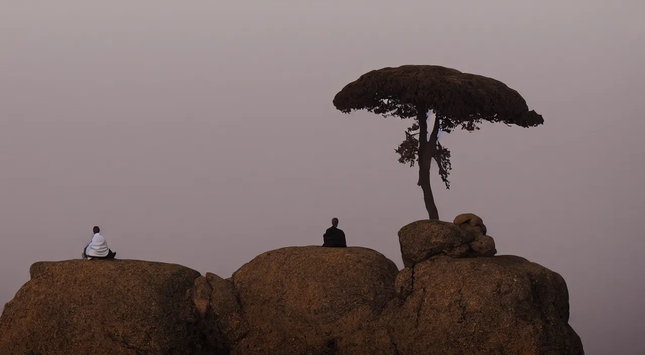 Prompt: matthew snowden painting style a lonely silhouette of a meditating monk sitting in the fog on a stone protruding from the water in the rays of the morning sun, the focus of the camera on the monk.