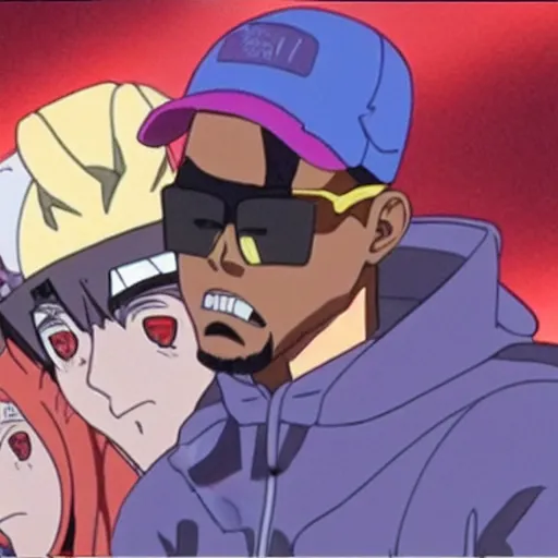 Image similar to Frame from an episode of Neon Genesis Evangelion where Kanye West guest stars