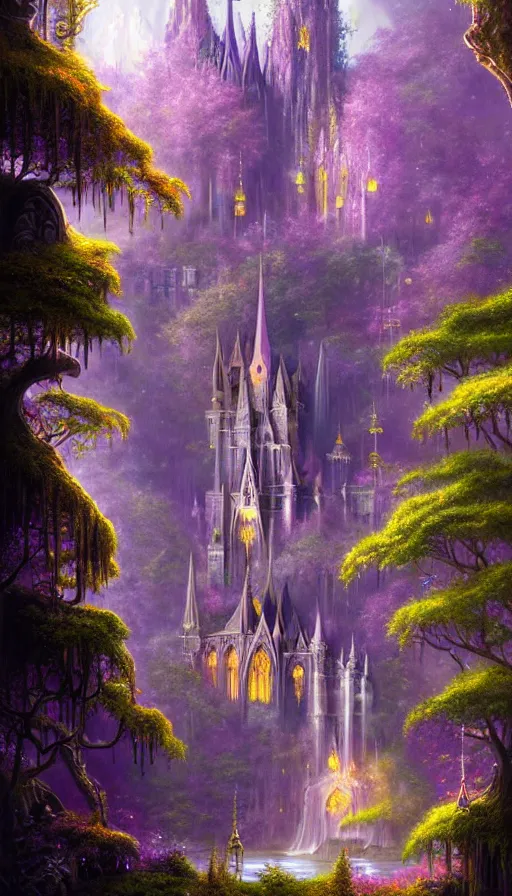 Image similar to fairy palace, castle towers, sunbeams, gothic cathedral, Japanese shrine waterfall, gold and gems, purple trees, lush vegetation, forest landscape, painted by tom bagshaw, raphael lacoste, eddie mendoza, alex ross concept art matte painting