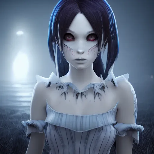 Prompt: full shot portrait of angry darkness anime girl at moonlight, gothic wearing, inspired by Tim Burton, detailed, unreal engine 4k volumetric light, fog,