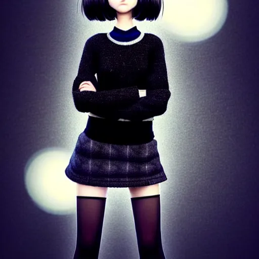 Image similar to beautifully pretty stoner girl, black sweater, grey checkered skirt, very cute features, glittery short black hair, blue eyes, universal volumetric lighting, soft glow, by range murata, norman rockwell, highly detailed intricately sharp focus, trending on pinterest, unreal engine 5 4 k uhd image