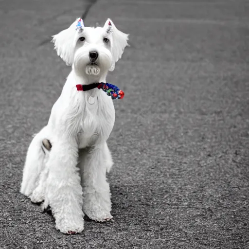 Image similar to photo of a white schnauzer dog with two open wings on his back, 5 5 mm photo