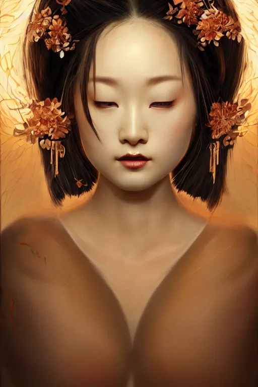 Image similar to stunningly beautiful, drunken geisha prima ballerina in jungle, symmetrical face, golden hour, smooth, focus, highly detailed, hyper realistic, dramatic lighting, elegant, intricate, concept art, art by wlop, mars ravelo, greg rutowski, artstation