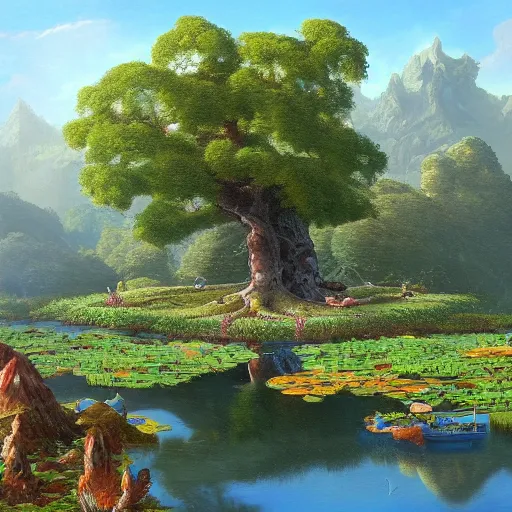 Prompt: A detailed painting of an idyllic pond with a giant tree on an island in the middle by Justin Gerard, Trending on artstation