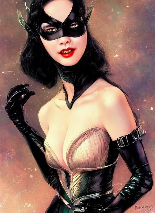 Prompt: A beautiful portrait of a Sui He as Catwoman from Batmap, digital art by Eugene de Blaas and Ross Tran, vibrant color scheme, highly detailed, in the style of romanticism, cinematic, artstation, Greg rutkowski