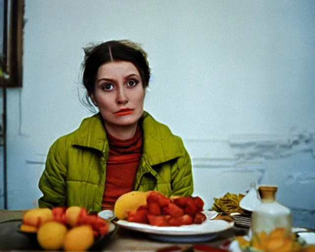 Image similar to 1 9 7 9 a soviet movie still a russian woman sitting at a table with a plate of food in dark warm light, a character portrait by nadya rusheva, perfect symmetric coherent face, featured on cg society, neo - fauvism, movie still, 8 k, fauvism, cinestill, bokeh, gelios lens