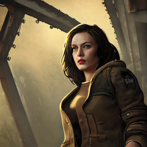 Image similar to fallout 5, charismatic beautiful rugged brunette female protagonist, portrait, outdoors in front of the entrance to vault 1 5 6, atmospheric lighting, painted, intricate, volumetric lighting, beautiful, daytime, sunny weather, slight overcast, sharp focus, deep colours, ultra detailed, by leesha hannigan, ross tran, thierry doizon, kai carpenter, ignacio fernandez rios