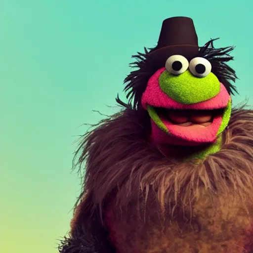 Image similar to a still of a forgotten muppet character looking very manly and modern, hilarious, laughing, hairy chest, huge chin, manly monster tough guy, roughled fur, photo real, photographic, photograph, artstation, trending, featured