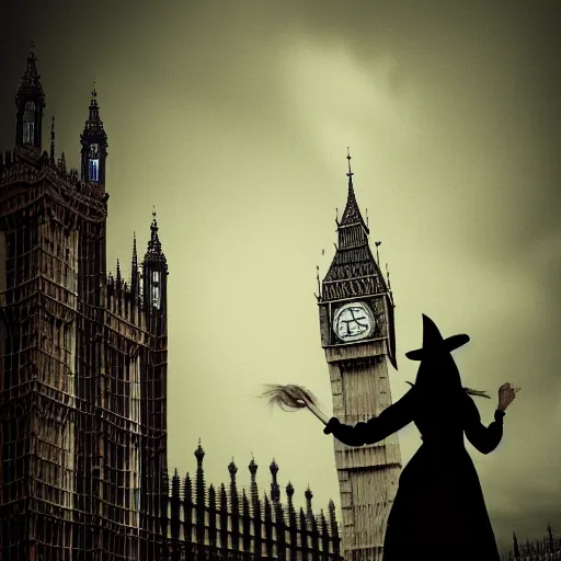 Image similar to A witch wearing a hat riding her broom near the Big Ben,gloomy lighting,creepy atmosphere,photo , highly detailed , high contrast, beautiful lighting, award winning ,u trending on art station, 8k, photo realistic