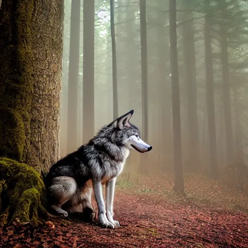 Image similar to realistic wolf fursuit, meditating in the forest, in the morning, fog, ambient light, photo