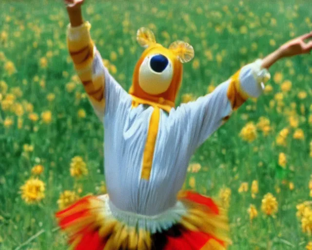 Image similar to William Dafoe dancing in the bee costume on the sunny meadow with clear sky, film still, very long shot, high detail