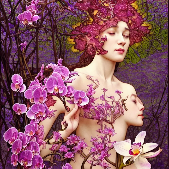 Image similar to psychedelic LSD animal, orchid, cherry blossom tree, mushrooms, diffuse lighting, fantasy, intricate, elegant, highly detailed, lifelike, photorealistic, digital painting, artstation, illustration, concept art, smooth, sharp focus, art by John Collier and Albert Aublet and Krenz Cushart and Artem Demura and Alphonse Mucha and Giuseppe Arcimboldo