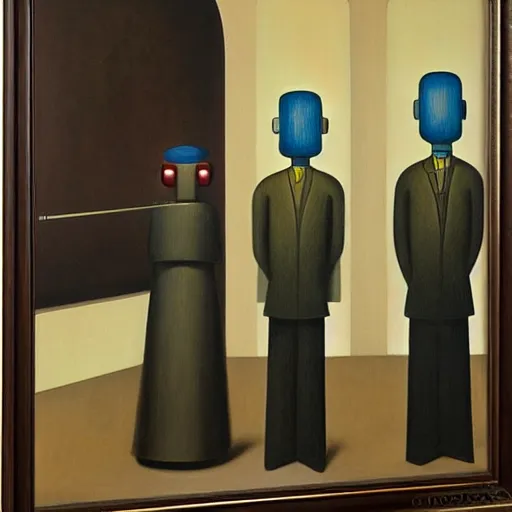 Image similar to three brutalist robot judges portrait, grant wood, pj crook, edward hopper, oil on canvas