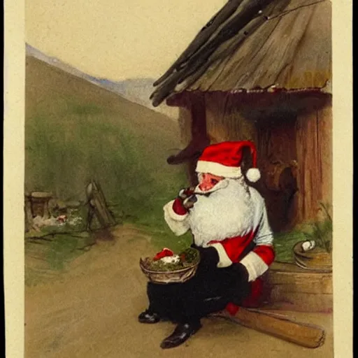 Image similar to a rabbit dressed as santa is eating porridge outside a cottage, in the style of anders zorn