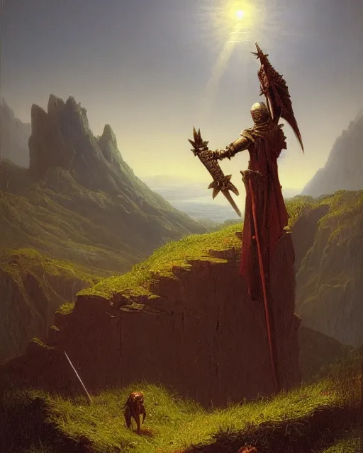 Prompt: the death knight, standing on a hill, by Thomas Cole and Wayne Barlowe