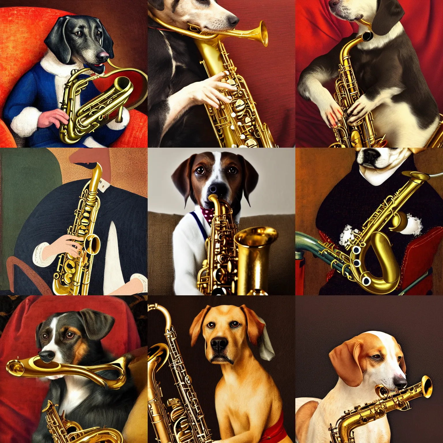 Prompt: dog playing the saxophone, sitting on the couch, medieval portrait, close up