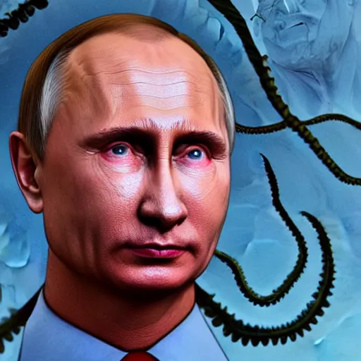 Image similar to bodyhorror portrait of vladimir putin who became an giant lovecraftian worm, photo - realistic, color image, 2 k, highly detailed