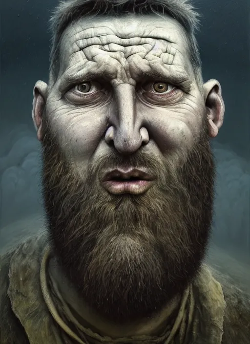 Image similar to gediminas pranckevicius | close up portrait of a monster in the sinister valley of despair, siniter facem beard, rugged face, droping poping eye,, oil painting by tomasz jedruszek, cinematic lighting, pen and ink, intricate line, hd, 4 k, million of likes, trending on artstation pus