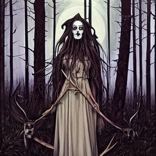 Image similar to an epic horrific wiccan gothic painting of a mother - nature witch cult woman wearing a deer skull, in a moonlit forest by gerald brom by junji ito by vanessa lemen by charlie bowater