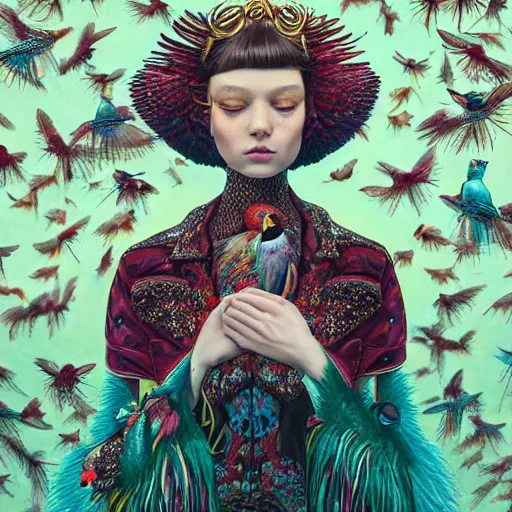 Image similar to pretty model with birds and feathers : : by martine johanna and simon stalenhag and chie yoshii and casey weldon and wlop : : ornate, dynamic, particulate, rich colors, intricate, elegant, highly detailed, vogue, harper's bazaar art, fashion magazine, smooth, sharp focus, 8 k, octane render