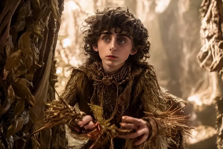 Image similar to timothee chalamet plays a gelfling in the dark crystal : age of resistance, highly detailed, cinematic lighting, red weapon 8 k s 3 5, cooke anamorphic / i lenses