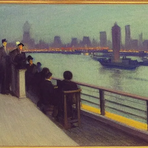 Image similar to a small rooftop with company of people sitting, shanghai bund is on the background, night, by edward hopper