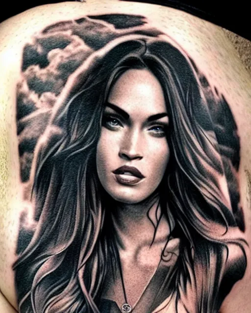 Prompt: realism tattoo design sketch of megan fox face blended with beautiful mountain scenery, in the style of dan mountford, double exposure, hyper realistic, amazing detail, black and white