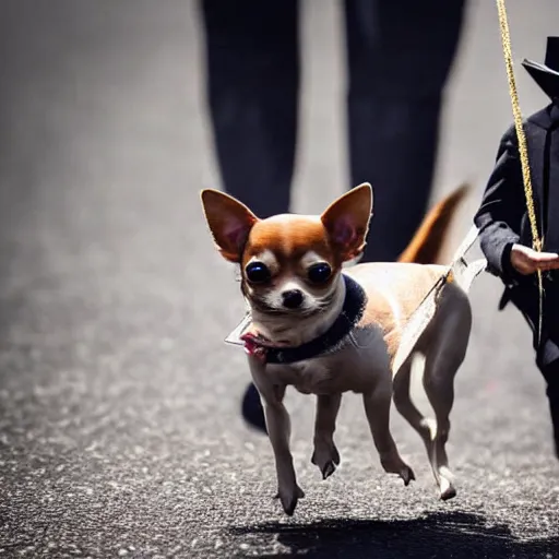 Image similar to a Chihuahua with a top hat walking a person on a tightrope