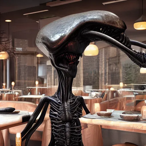 Image similar to spooky alien inside a restaurant, photorealistic ultra high resolution, ultra detailed, ray tracing, octane