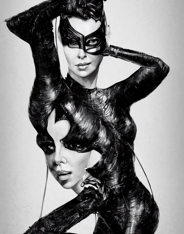 Image similar to portrait of charlize theron as a catwoman. intricate abstract. intricate artwork. by tooth wu, wlop, beeple, dan mumford. octane render, trending on artstation, greg rutkowski very coherent symmetrical artwork. cinematic, hyper realism, high detail, octane render, 8 k, iridescent accents.