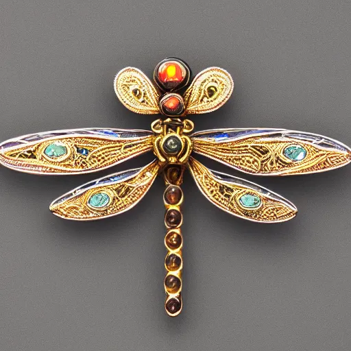 Prompt: highly detailed, well-lit studio photo of a complex intricate, ornate, art nouveau dragonfly brooch, with interlacing golden curves and opal eyes