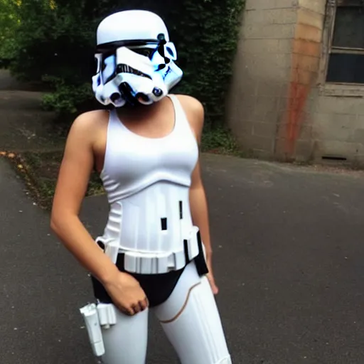 Image similar to female stormtrooper with stormtrooper - helmet in white bikini, bending over, tattoos of star wars symbols, graffiti style