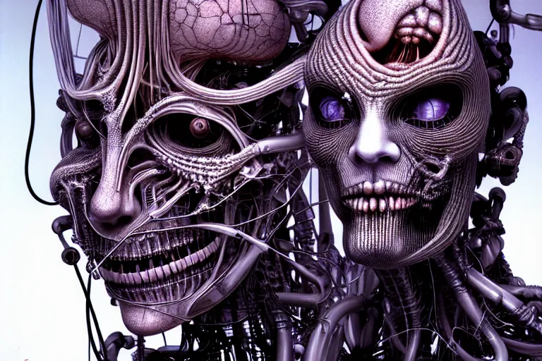 Prompt: portrait of neural nightmares by yoshitaka amano and HR Giger, detailed face face face face, facial structure, hd, 8k, very very very very electronic, biomechanical, biology, bio, neural machine H 768