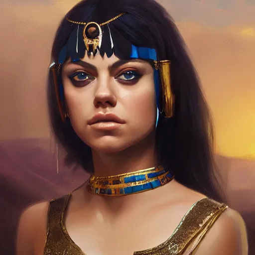 Prompt: a closeup portrait of a young mila kunis as cleopatra, gorgeous view, pyramid background, dramatic lighting, painted by artgerm, painted by greg rutkowski, digital art, trending on artstation