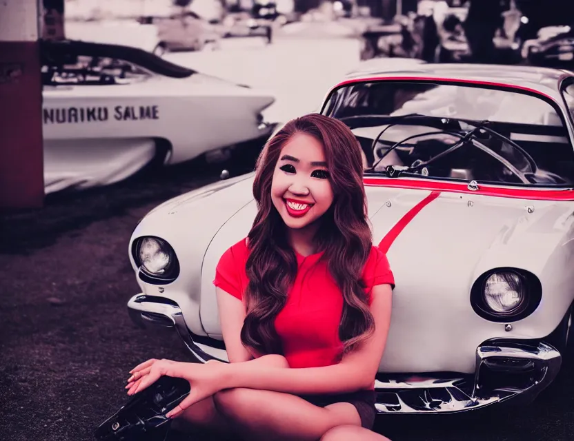 Prompt: twitch streamer Pokimane as a 1960s race car driver, by Brandon Woelfel, symmetrical face, symmetrical eyes, maximum realism, maximum detail, Cinematic lighting, racing helmut