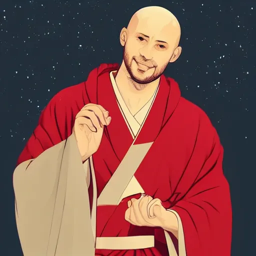 Image similar to a bald terrence boyd as a saint with halo wearing a red kimono, clean cel shaded vector art. shutterstock. behance hd by lois van baarle, artgerm, helen huang, by makoto shinkai and ilya kuvshinov, rossdraws, illustration,