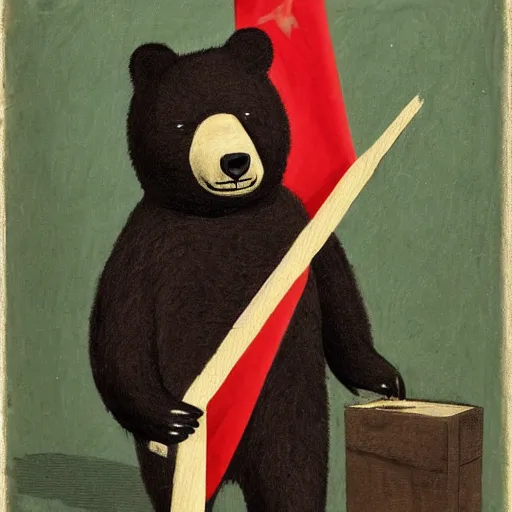 Image similar to a portrait of a socialist bear in a uniform waving a red flag