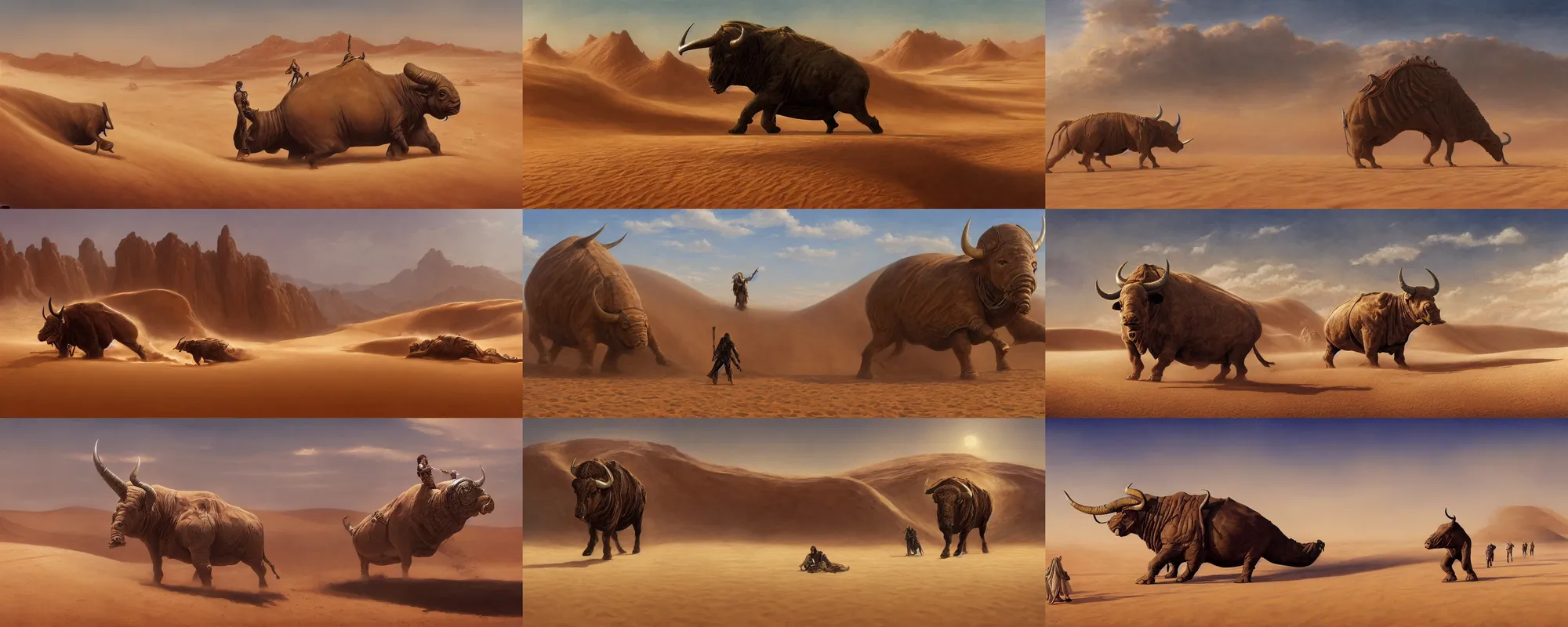 Prompt: dune movie, desert landscape, huge bull emerging from the sand, trending on artstation, by ted nasmith