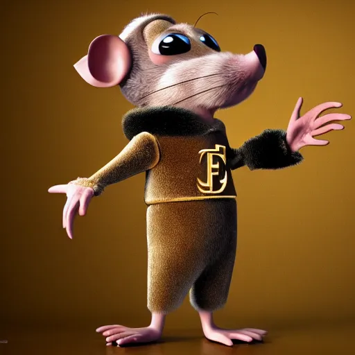 Prompt: 3d anthropomorphic rat, pixar, holding pistol, velvet, fur coat, high quality, expensive silk, gold detailing, fendi, high fashion