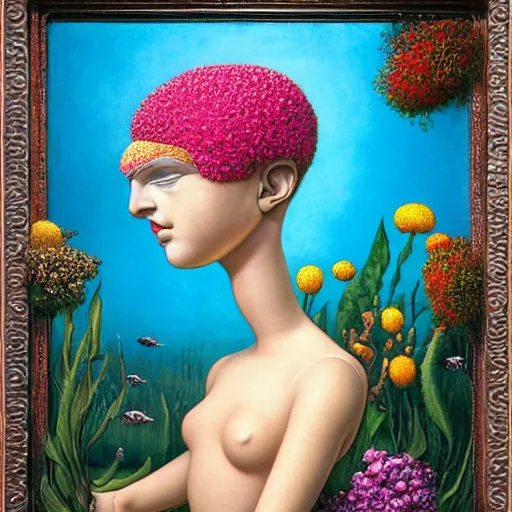 Image similar to Michael Hutter, award winning masterpiece with incredible details, Michael Hutter, a surreal vaporwave vaporwave vaporwave vaporwave vaporwave painting by Michael Hutter of an old pink mannequin head with flowers growing out, sinking underwater, highly detailed Michael Hutter