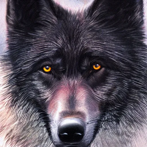Image similar to Detailed portrait of a beautiful black wolf, dramatic lighting, dark background, bokeh, hyper realistic, HD, oil on canvas