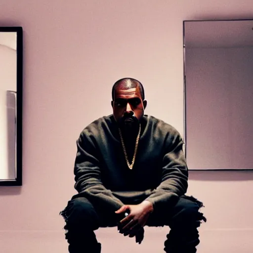 Image similar to photo of Kanye West sitting in a room with mirrors surrounding him