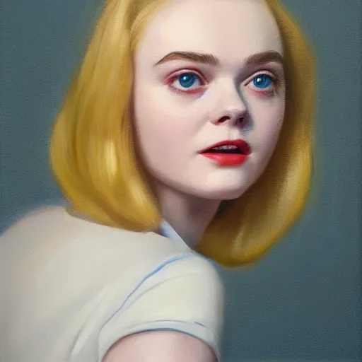 Prompt: portrait of a elle fanning trapped in a 5 0 s tv show, detailed realism face in painting, detailed beautiful portrait, oil painting masterpiece, 8 k resolution, smooth, sharp focus, trending on artstation, by rembrandt