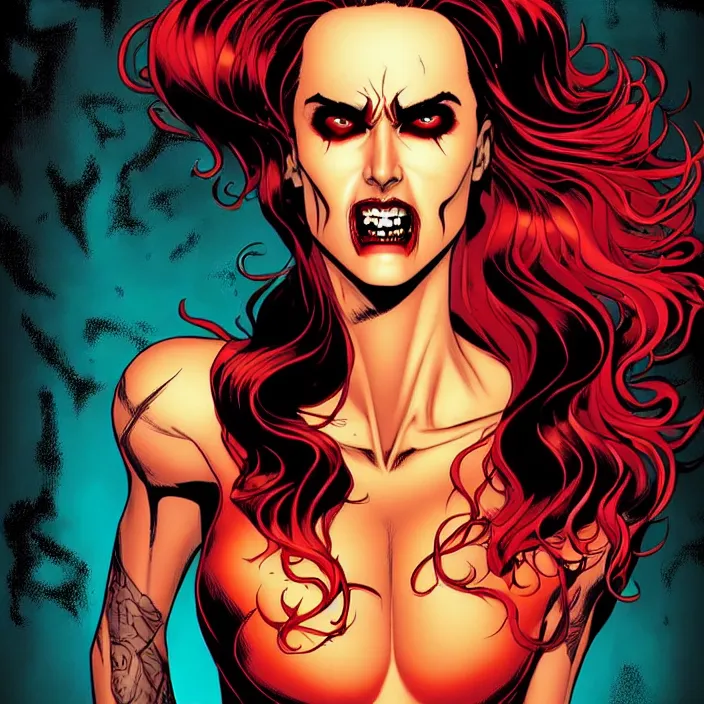 Prompt: in the style of Rafael Albuquerque comicbook cover art, beautiful scary female vampire Jennifer Connelly glowing red and gold hair, smiling, sharp teeth, clear clean face, two perfect eyes, perfect eyes perfect symmetrical eyes, symmetrical face, sarcastic pose,dark and smoky background