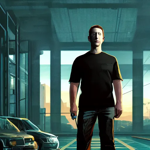 Image similar to imposing, ominous portrait of Mark Zuckerberg as a grand theft auto 5 loading screen, symmetry, front view, intricate, studio, art by anthony macbain + greg rutkowski + alphonse mucha, concept art, 4k, sharp focus