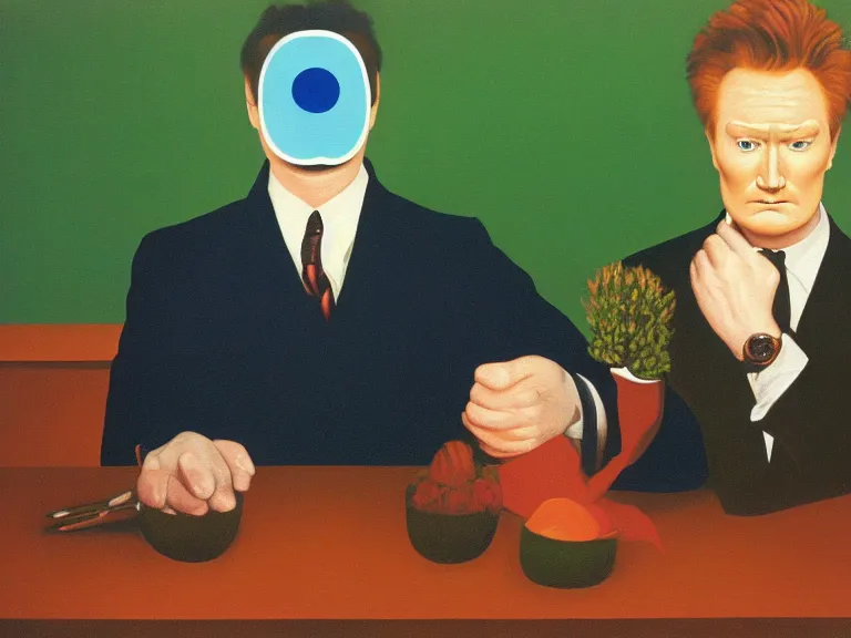 Prompt: Late Night with Conan O'Brien painting by rene magritte, high detail, high resolution