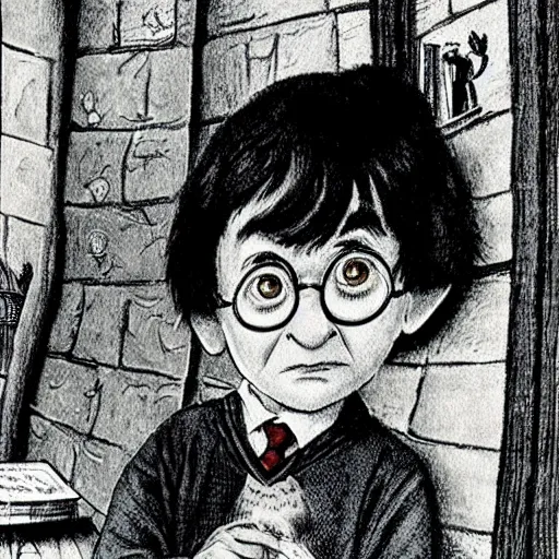 Image similar to a film still of harry potter, artwork by maurice sendak