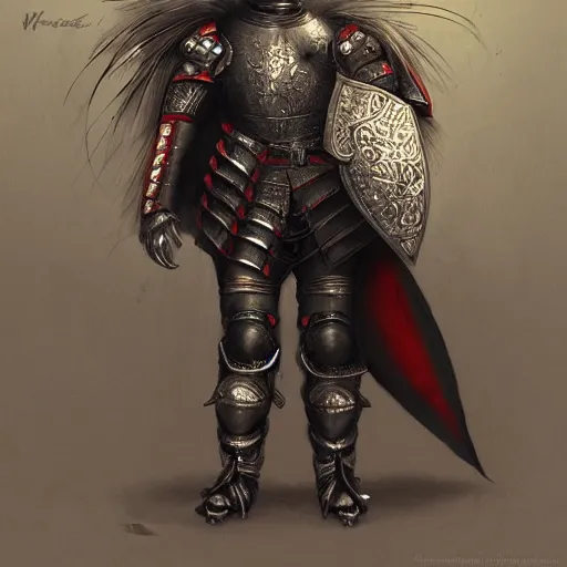 Prompt: flamboyant rooster wearing medieval suit of armor, illustration, concept art, art by wlop, dark, moody, dramatic