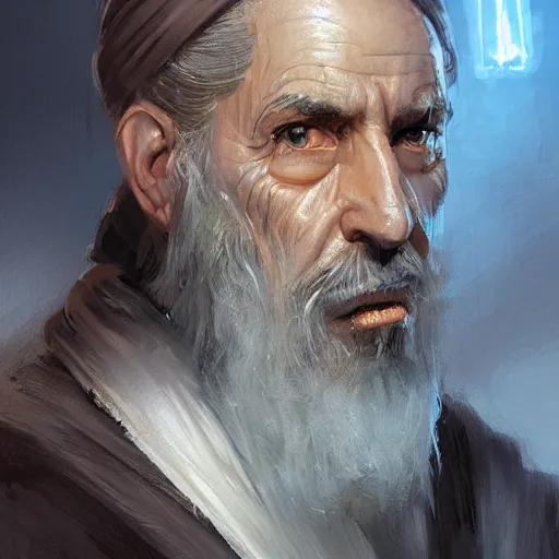 Image similar to portrait of a man by Greg Rutkowski, an old Jedi, arabian features, and olive skin, long black hair and beard, wise appearance, orange robes, Star Wars Expanded Universe, he is about 60 years old, highly detailed portrait, digital painting, artstation, concept art, smooth, sharp foccus ilustration, Artstation HQ
