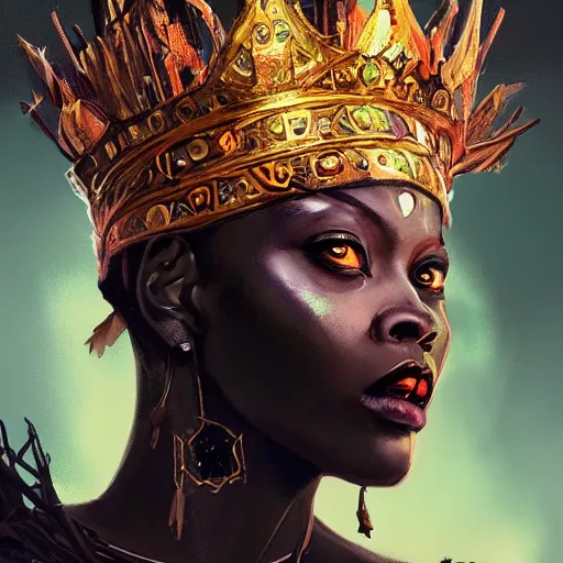 Prompt: a dark and ominous african queen with glowing eyes and a golden crown with a ruby, Apex Legends character digital illustration portrait design, by android jones and greg rutkowski in a cyberpunk voodoo style, detailed, cinematic lighting, wide angle action dynamic portrait